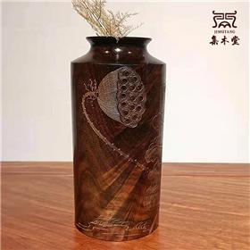 老挝大红酸枝花瓶 凭祥红木家具网影雕荷花花瓶 红木插花瓶
