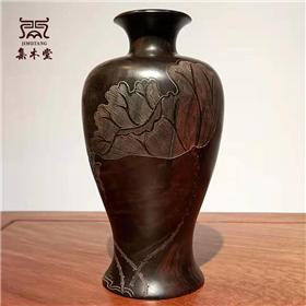 老挝大红酸枝花瓶 集木堂精品红木花瓶 影雕荷花插花瓶